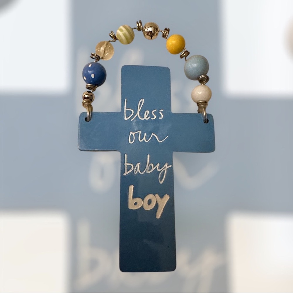 Newborn Boy Cross Plaque "Bless this Baby Boy" by Sandra Magsamen 8x5
